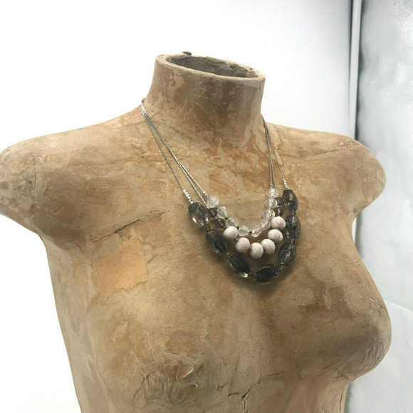 Ann Taylor Loft Three Strand Beaded Necklace Clear White Smokey Silver - Picture 6 of 9